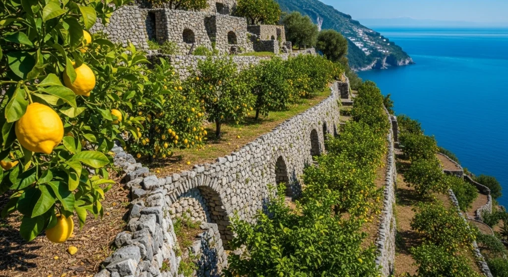 Detailed photorealistic shot of ancient stone terracing on a steep Amalfi Coast slope, supporting rows of lemon trees with large Sfusato Amalfitano lemons, the deep blue Mediterranean Sea in the blurry background, sunny day, showcasing human ingenuity in agriculture.