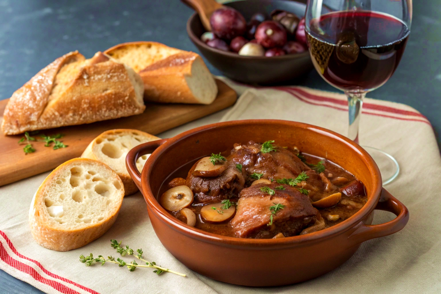 Classic French Coq au Vin : A Rustic Masterpiece with Burgundian Soul classic-french-coq-au-vin-with-crusty-french-bread