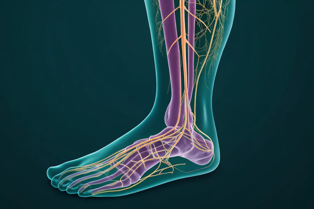 Nerve pathway from feet to gut showing posterior tibial and vagus nerve connection