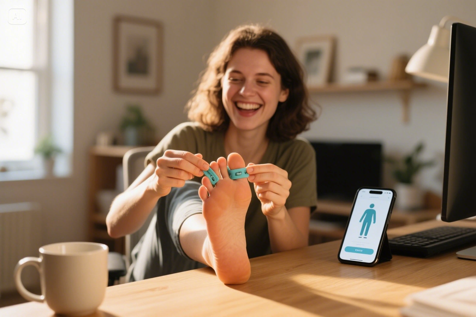 Woman laughing while placing silicone toe spacers on bare feet…