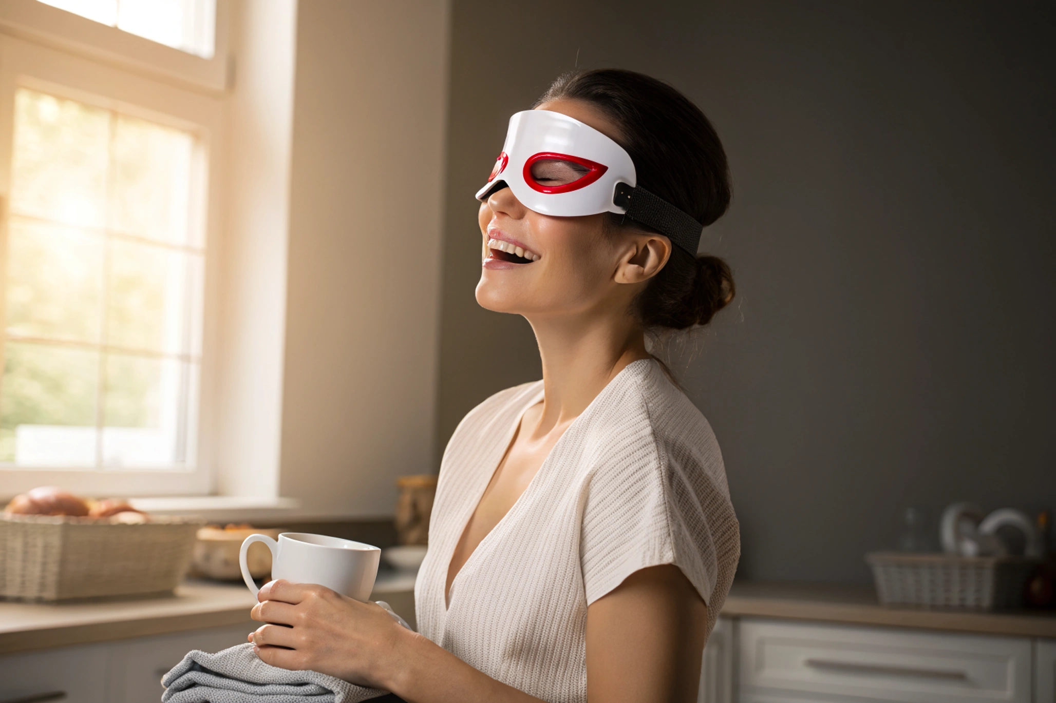 I Tried a Red Light Eye Mask for 42 Days : Results Were Stupidly Obvious Woman laughing while wearing a sleek LED eye mask