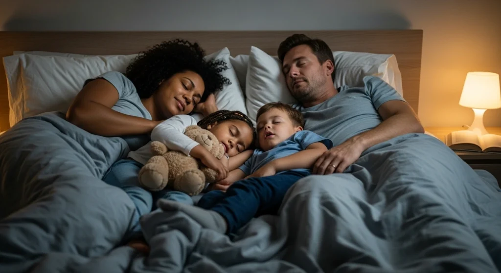 A peaceful, diverse family sleeping soundly in their beds. The scene is serene, with one child cuddling a teddy bear and a parent smiling softly in their sleep. The atmosphere is calm and restful.