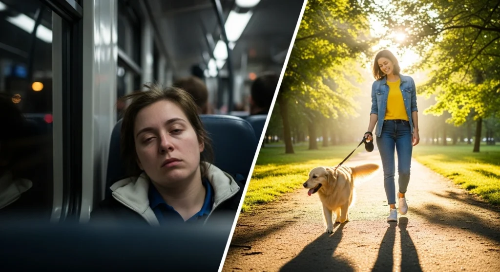 A split-image concept. On the left, a person looks tired while commuting home in a dark evening. On the right, the same person looks cheerful while walking a dog in a sunny morning park. Illustrates the shift in daylight.