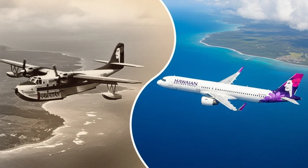 Evolution of Hawaiian Airlines fleet from a historic Sikorsky S-38 amphibious plane to a modern Airbus A321neo, showing 96 years of aviation history.