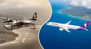 Evolution of Hawaiian Airlines fleet from a historic Sikorsky S-38 amphibious plane to a modern Airbus A321neo, showing 96 years of aviation history.