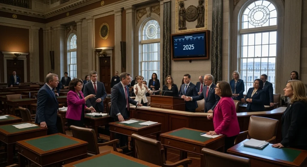 A diverse group of U.S. senators and representatives debating in the Capitol building, with a large digital calendar displaying the year 2025 in the background. The mood is focused and legislative