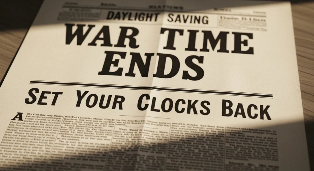 An antique, black-and-white photo style image of a historical poster or newspaper from the early 1900s with bold text that reads "War Time Ends" or "Set Your Clocks Back", representing the origin of Daylight Saving Time.